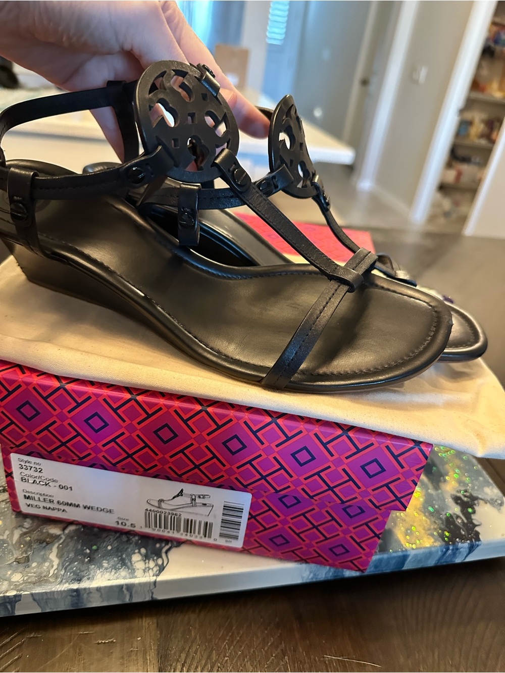 Tory Burch Black Leather Miller T-Strap Wedge Sandals